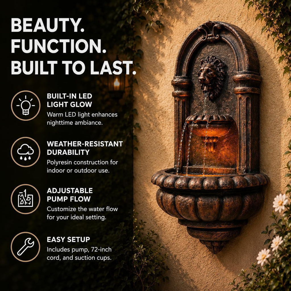 32.1 in. Wall-Mounted Lion Head Stone LED Outdoor Water Fountain for Gardens, Landscaping, Patios, Balconies