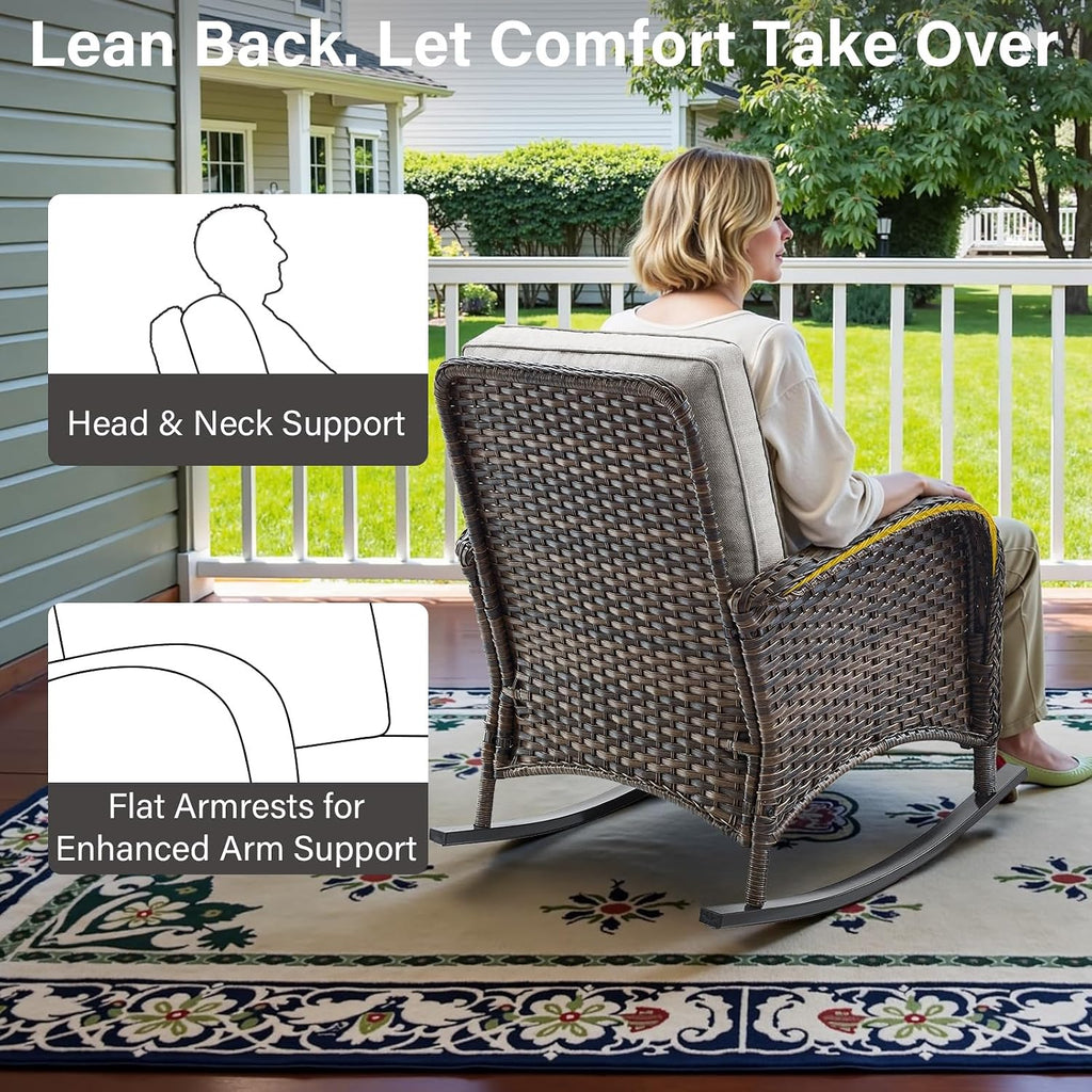 Patio Rocking Chair Wicker Chair, 1 Piece Outdoor Rocking Chair Seating with Cushions for Porch Deck Balcony