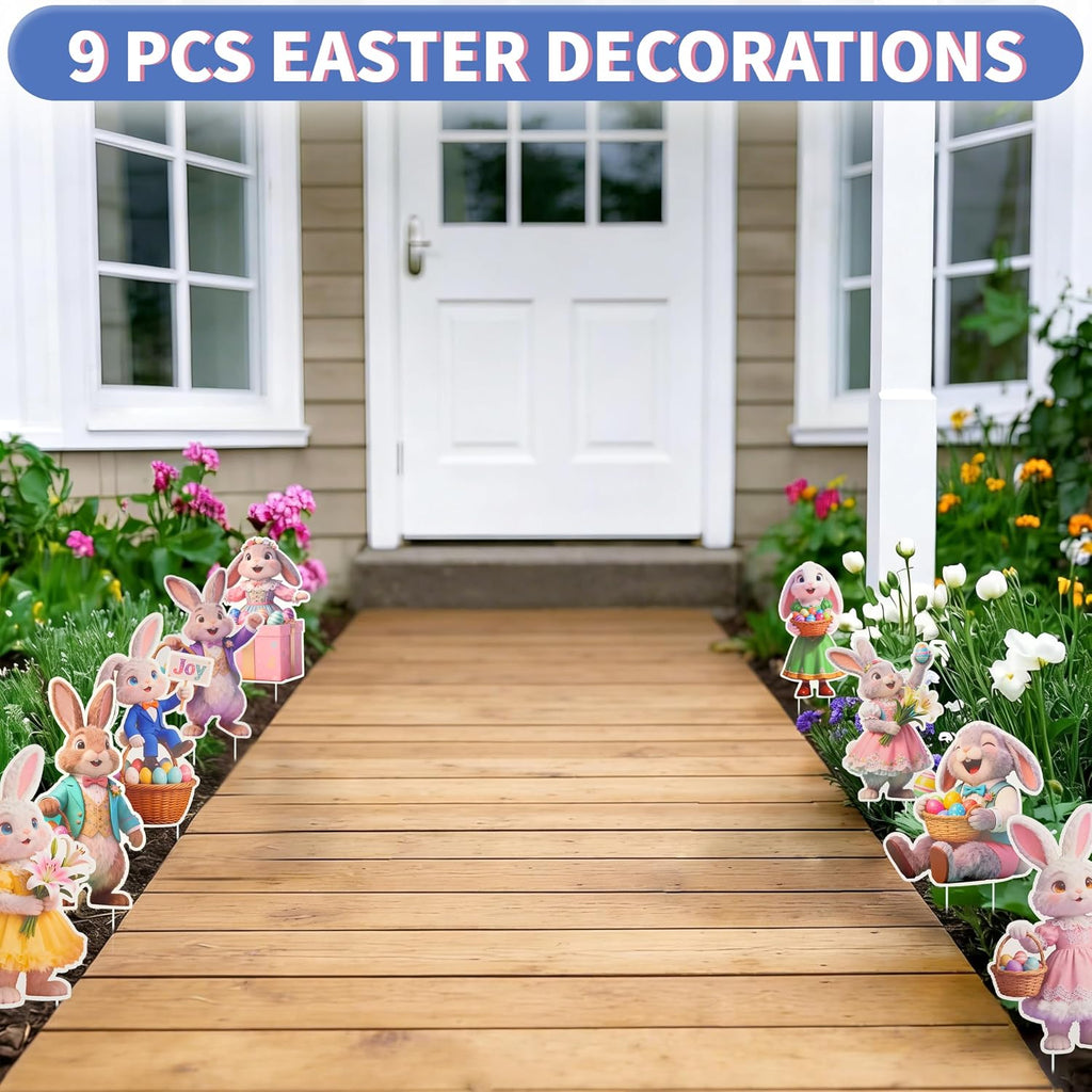 9-Piece Easter Bunny Yard Signs with Stakes, Cute Rabbit Outdoor Lawn Decorations for Easter Egg Hunts, Spring Garden - Set of 9