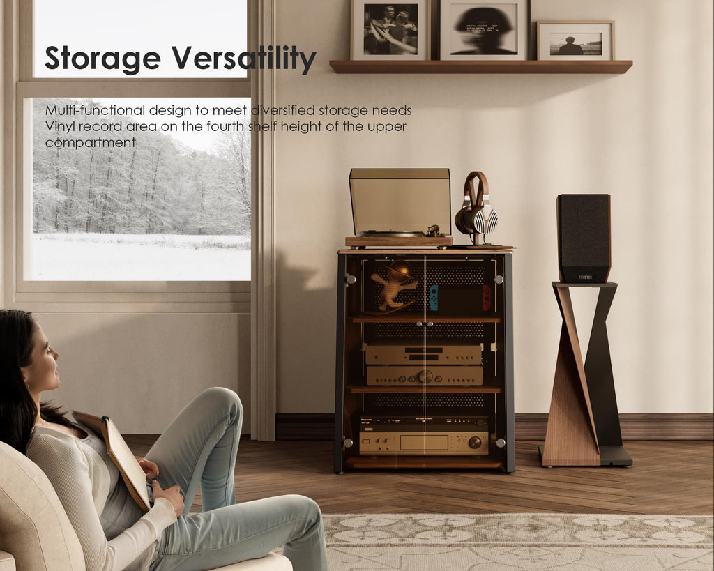 4-Tier Media Stand with Brown Glass Doors & Wooden Shelf, Walnut