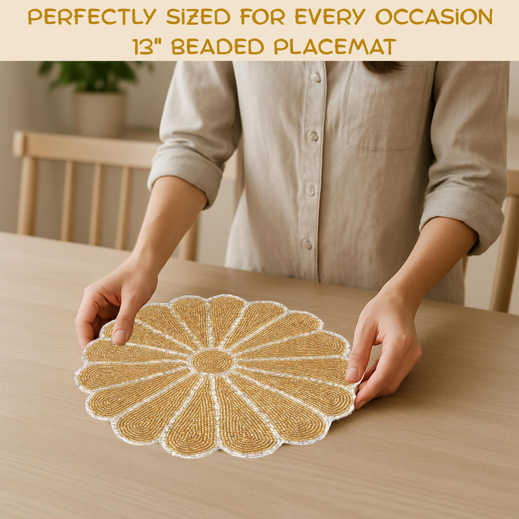 2-Pack Round Placemats, Glass Beads, Gold Silver, 13 Inch