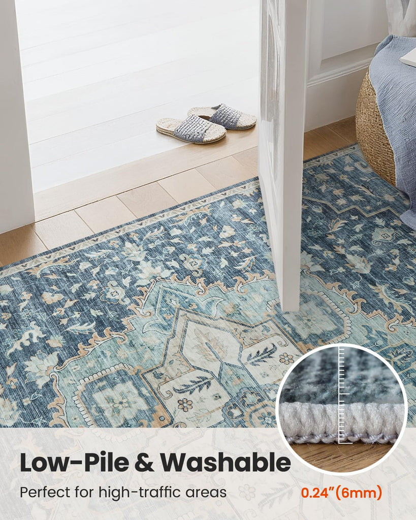 2'6x8' Washable Runner Rug, Blue/Yellow, Vintage Style