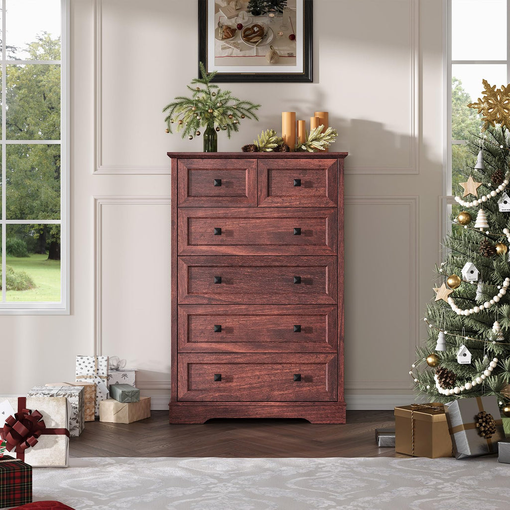 Farmhouse 6 Drawers Chests, Dark Cherry Red Wood