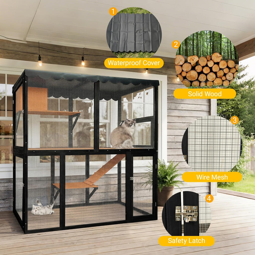 Wooden Outdoor Cat Enclosure, 4-Tier Large Cat House, Multi-Cat Catio with Waterproof Roof, Ramp, and Multiple Access