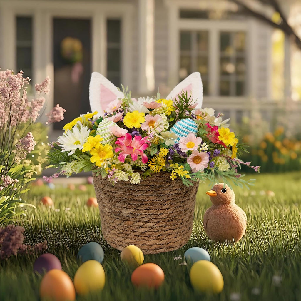 Easter Bunny Basket with Fluffy Bunny Ears - Spring Table Centerpiece with Woven Rattan Eggs & Flowers, Farmhouse