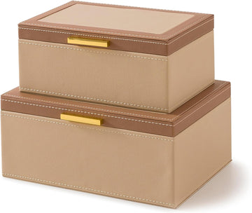 Two-Tone Faux Leather Boxes with Lids, Sand - Set of 2