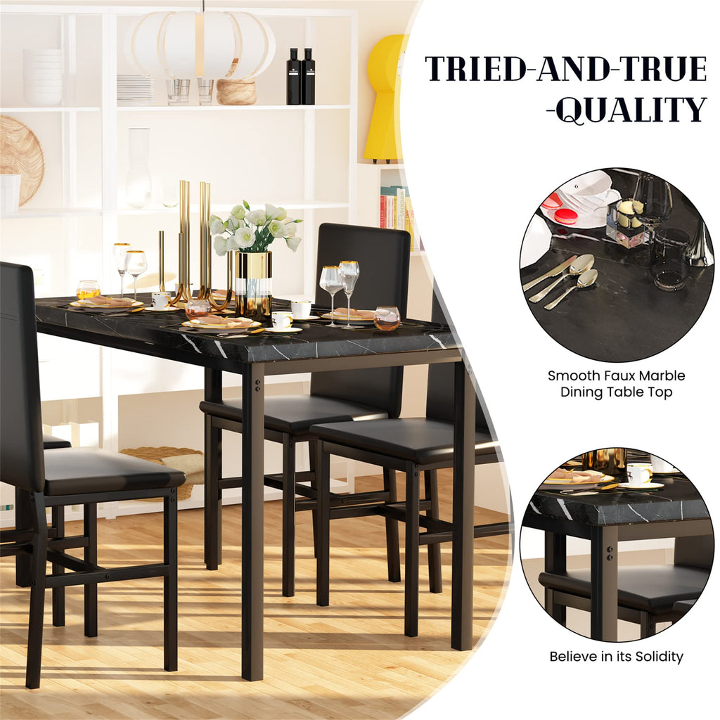 Dining Table Set for 4, Kitchen Table and Chairs Set with Faux Marble Tabletop & 4 Leather Upholstered Chairs Dining
