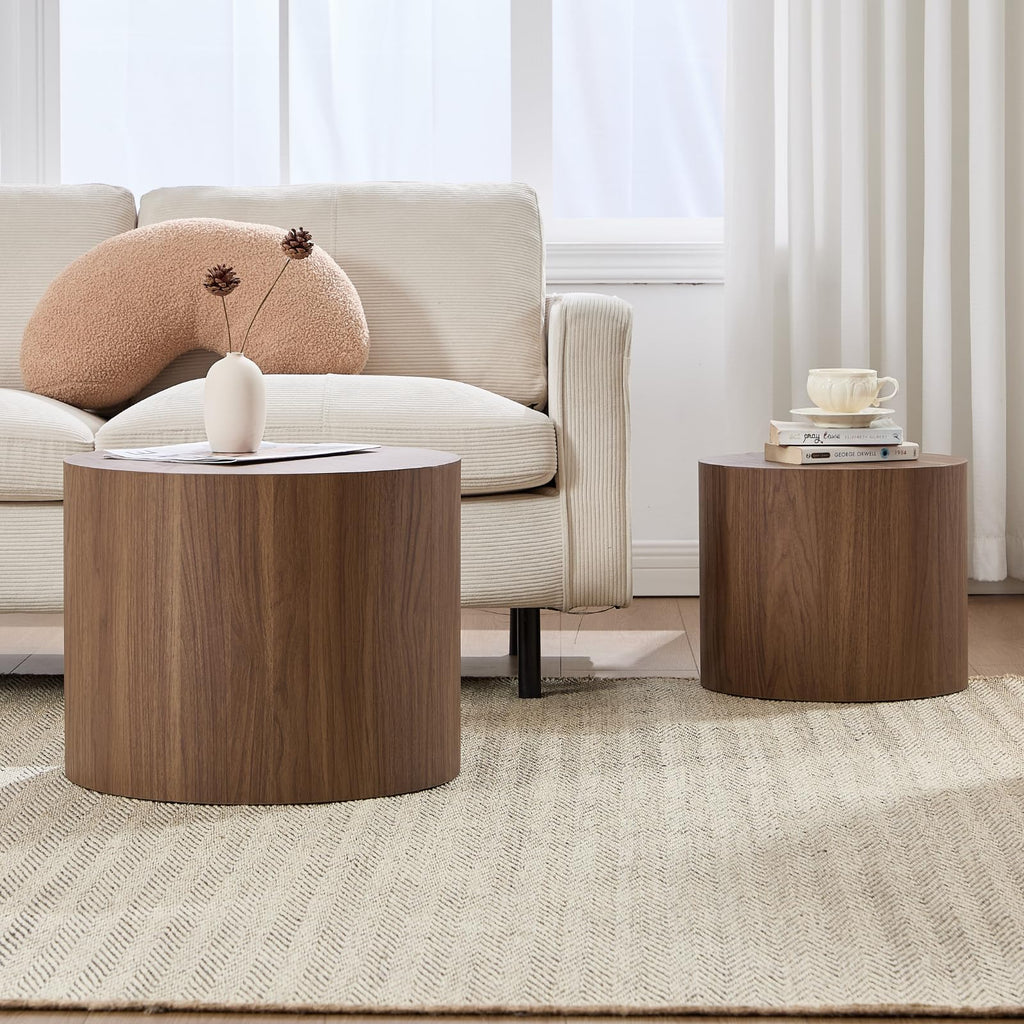 Round Coffee Tables Side Set of 2, Wood Nesting End Balcony Office, Walnut Wooden Color, No Assembling