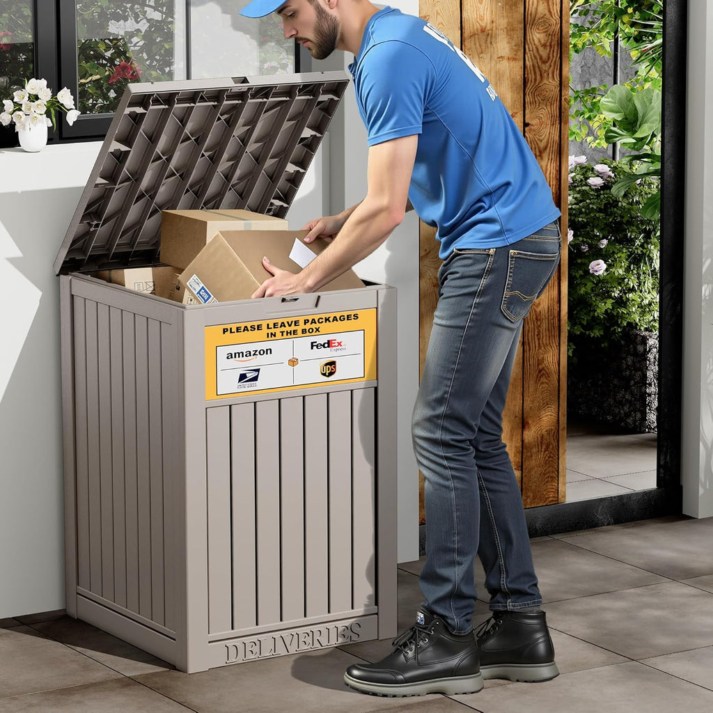 Package Delivery Box with Sign, Secure Lockable Waterproof Package Delivery Container, Resin Deck Box