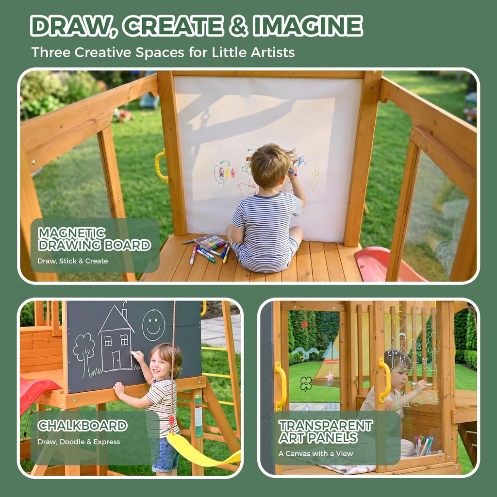 Wooden Swing Sets for Backyard, Outdoor Playset with Climbing System