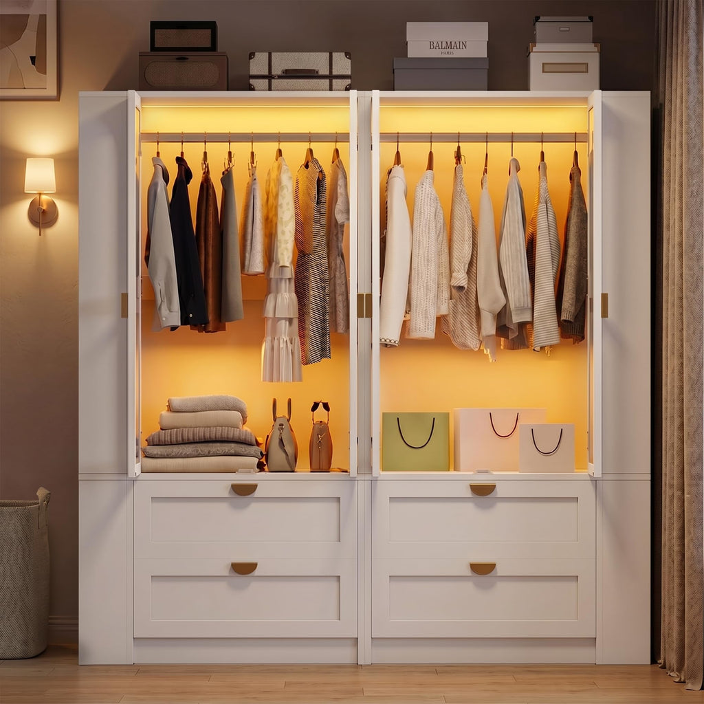 Armoire Wardrobe Closet with LED Lights & 2 Drawers, 71" Tall Clothing Storage Cabinet with Removable Hanging Rod, 4