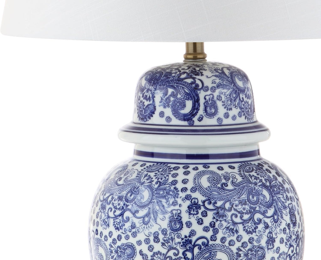 29.5" Blue/White Ceramic Table Lamp and Office, White Linen Drum Shade, Traditional Chinoiserie Ginger Jar Lamp