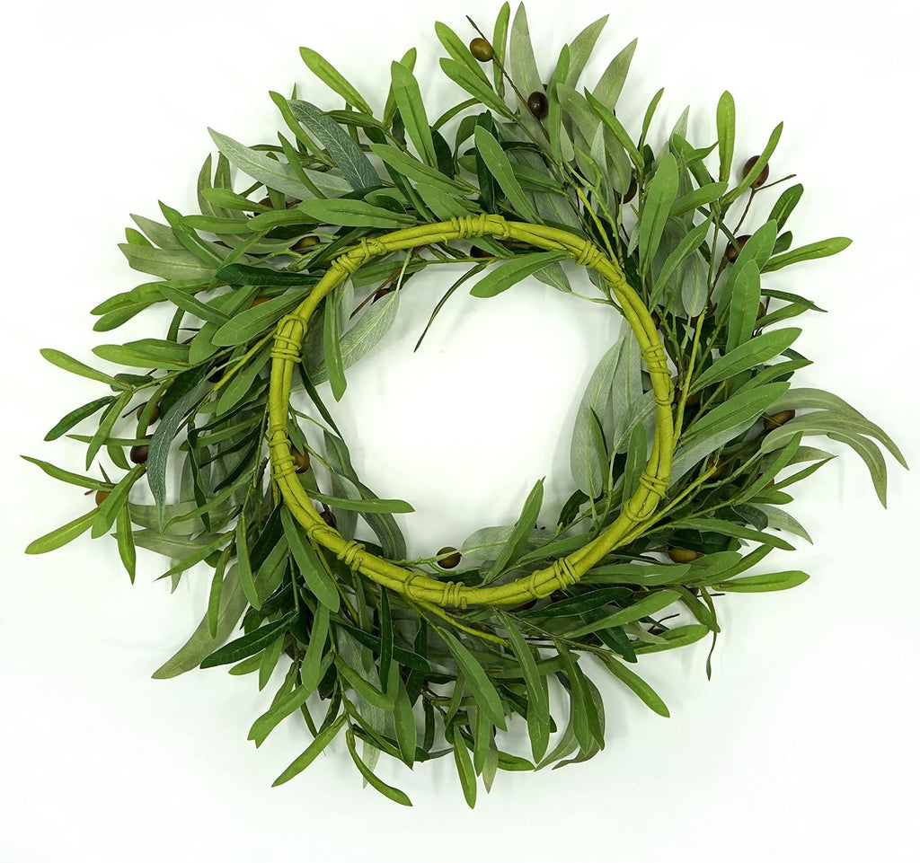 20 inches Artificial Green Olive Wreath Greenery Wreath with Olive Leaves, Bean for Front Door Indoor Outdoor