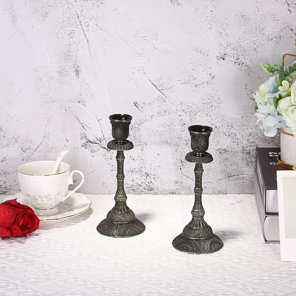 2PCS Bronze Taper Candle Holders Vintage Metal Candlestick Holders