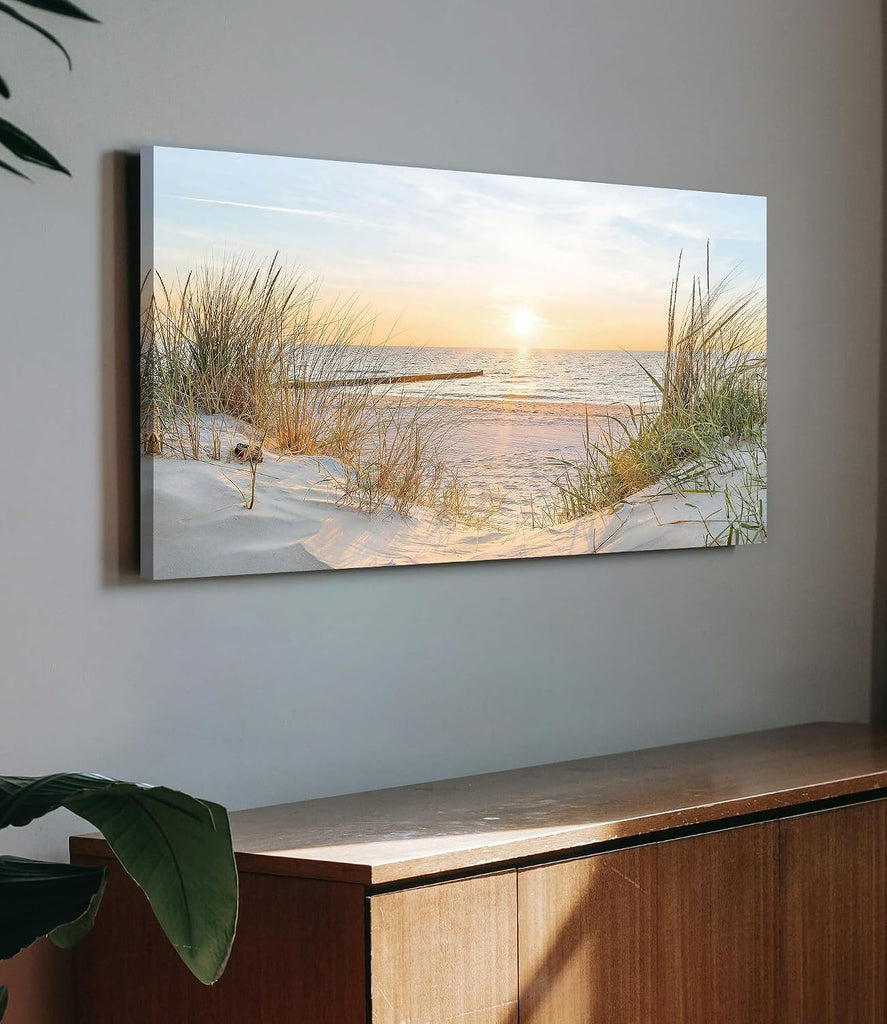 Canvas Wall Art Beach Picture: Coastal Sunset Painting Decor Ocean Seascape Artwork Sea Seaside Dunes Grass Print