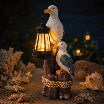 Seagull Solar Garden Outdoor Decor Statues with LED Lantern, Hand Painted Resin Animal Figurine Lights for Beach Pool