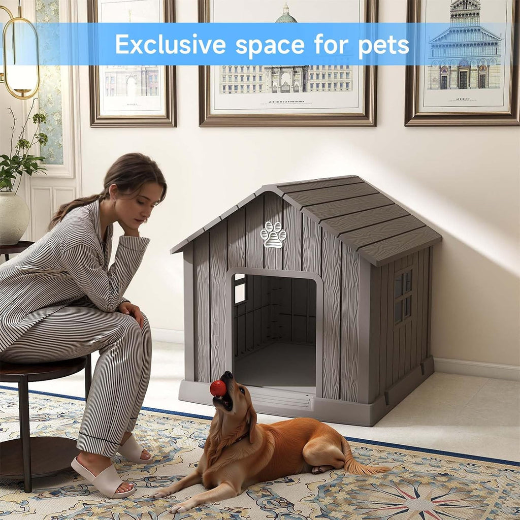 Dog House Outdoor Indoor, Dog House Weatherproof Resin Shelter with Air Vents and Elevated Floor for Small Medium
