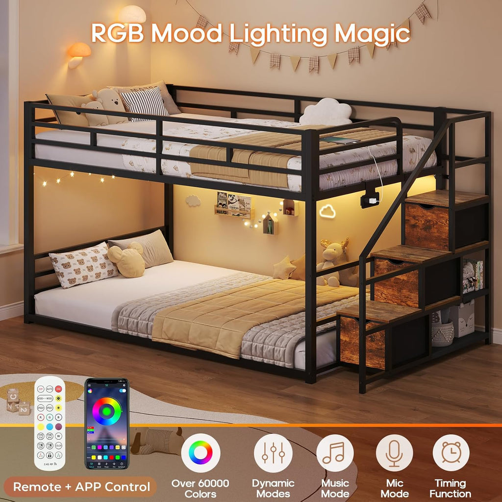 Low Bunk Bed Twin Over Twin with Storage Staircase, Drawers & Shelves