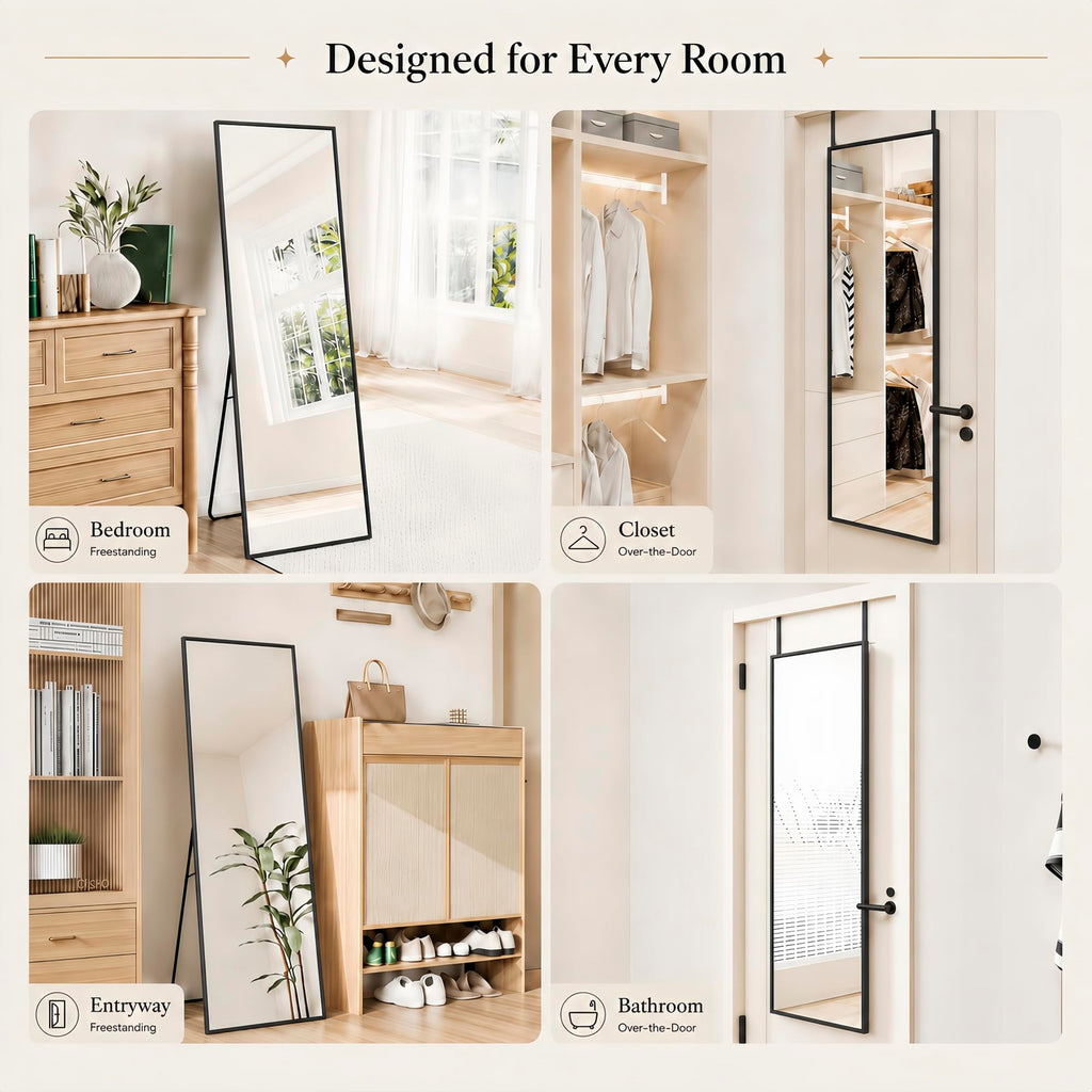 57x21 inch Full Length Mirror Over the Door Hang or Floor Stand Black