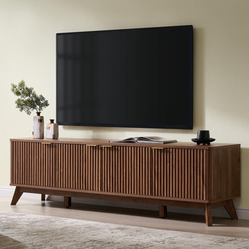 70" Mid Century Modern Fluted TV Stand, 4-Door Storage, Light Walnut