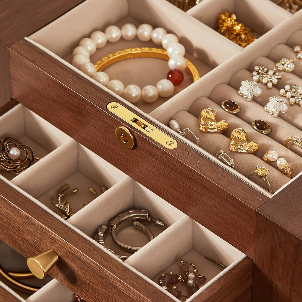 Black Walnut Wooden Jewelry Box for Women with Lock, Mirror, 5 Layer