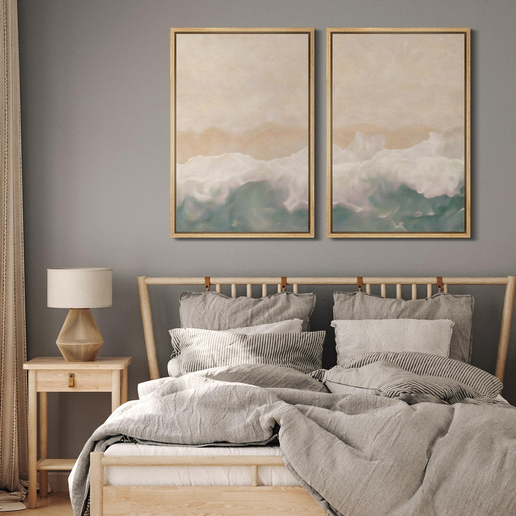 Framed Canvas Print Wall Art Set Soft Coastal Wave Abstract Pastel Illustrations Modern Art Decorative Bohemian