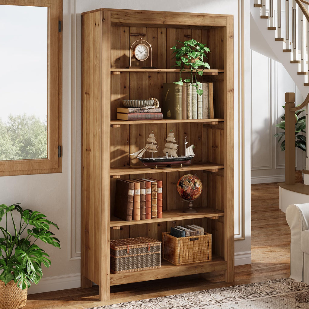 5-Tier Real Wood Bookcase Solid Wood Bookshelf Display Storage Shelf
