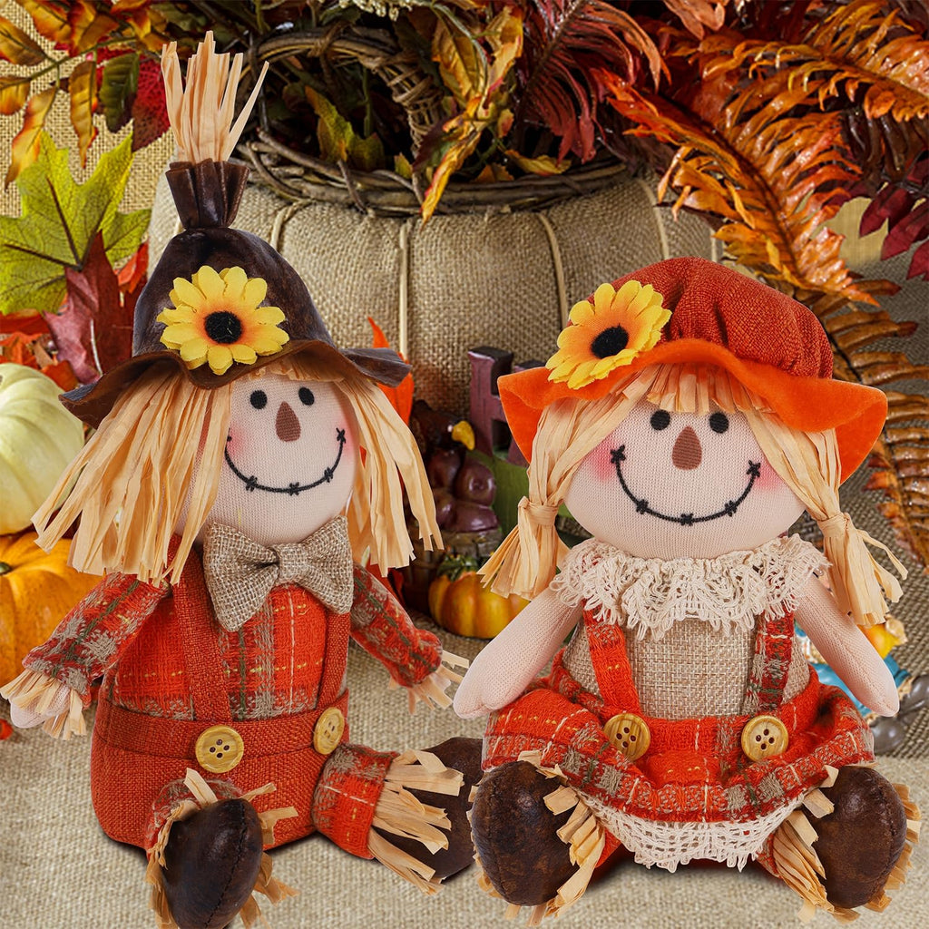 2 Pack Fall Tabletop Decorations Scarecrows, Thanksgiving Harvest Handmade Scarecrow, Autumn Shelf Sitters Figurine
