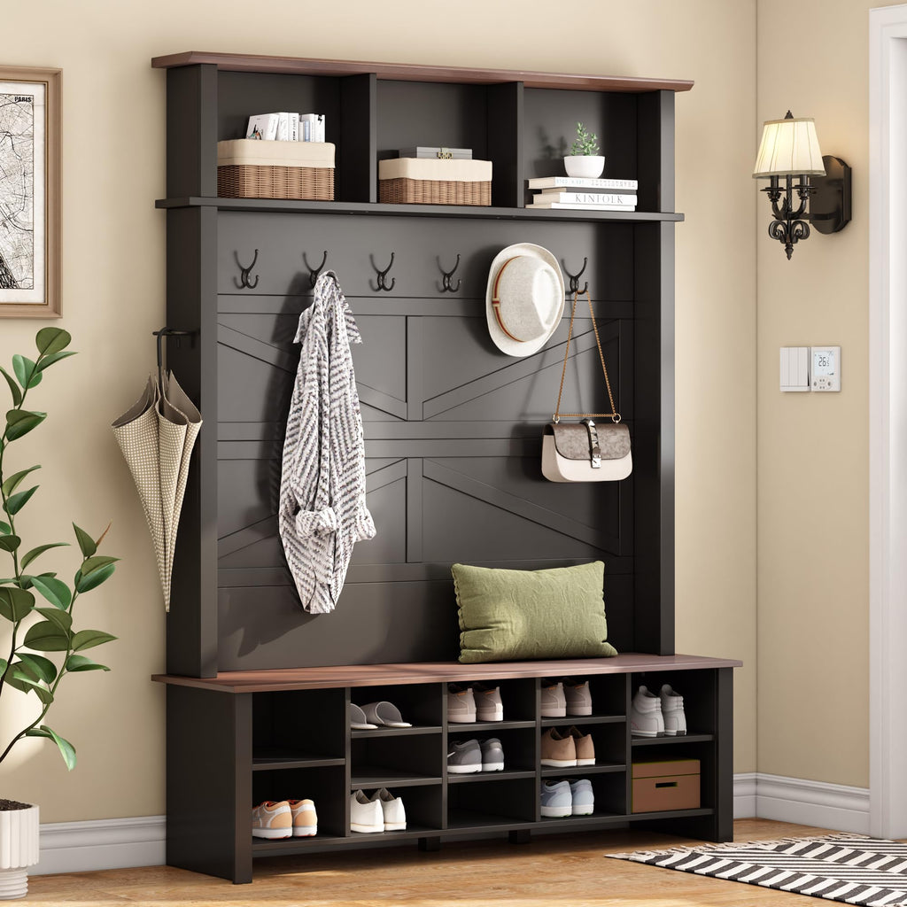 Farmhouse Wood Versatile Hall Tree with 6 Hooks, Black