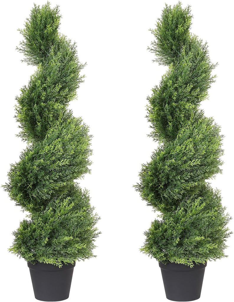 3ft Tall Spiral Topiary Trees Artificial Outdoor Set of 2 | UV Resistant Realistic Faux Cedar Cypress Fake Plants