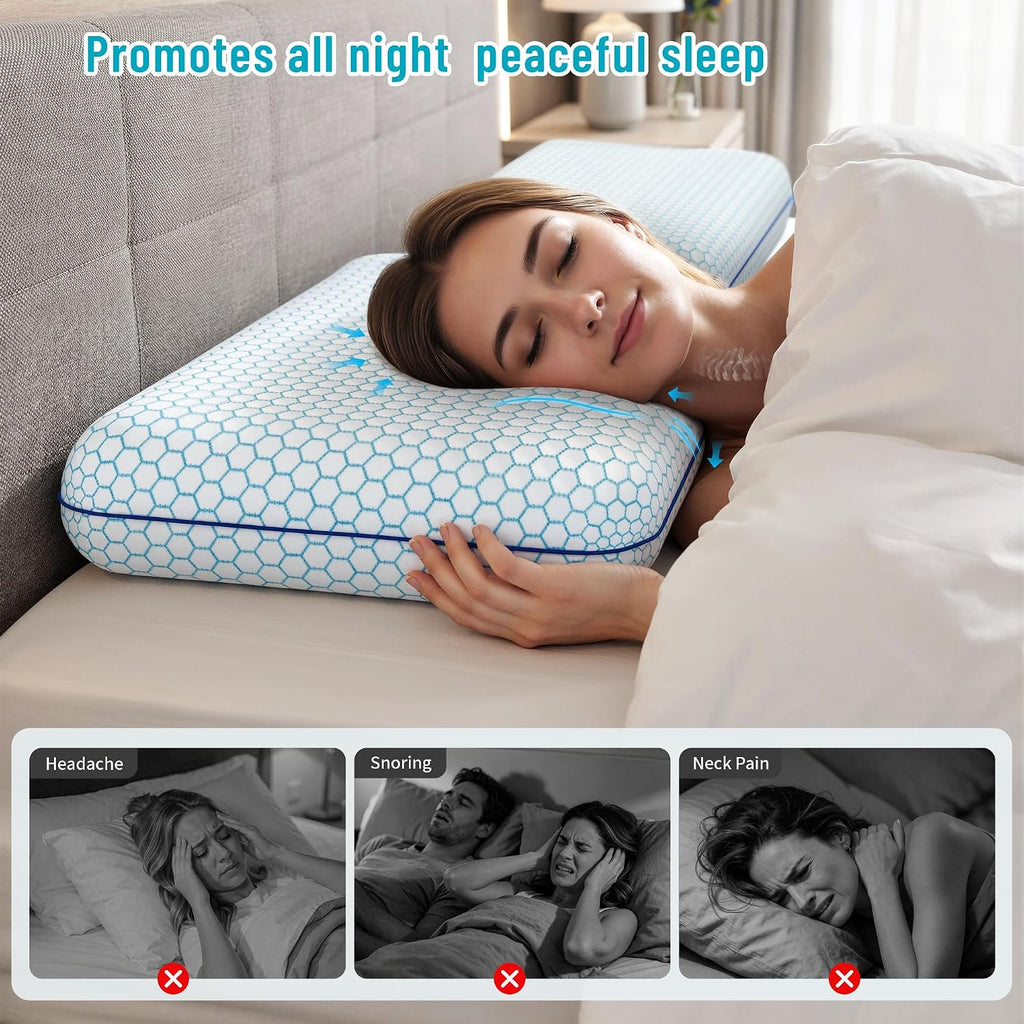 Bed Pillows for Sleeping 2PCS, Memory Foam, King Size, Blue | For Side, Back, Stomach Sleepers, Soft & Supportive