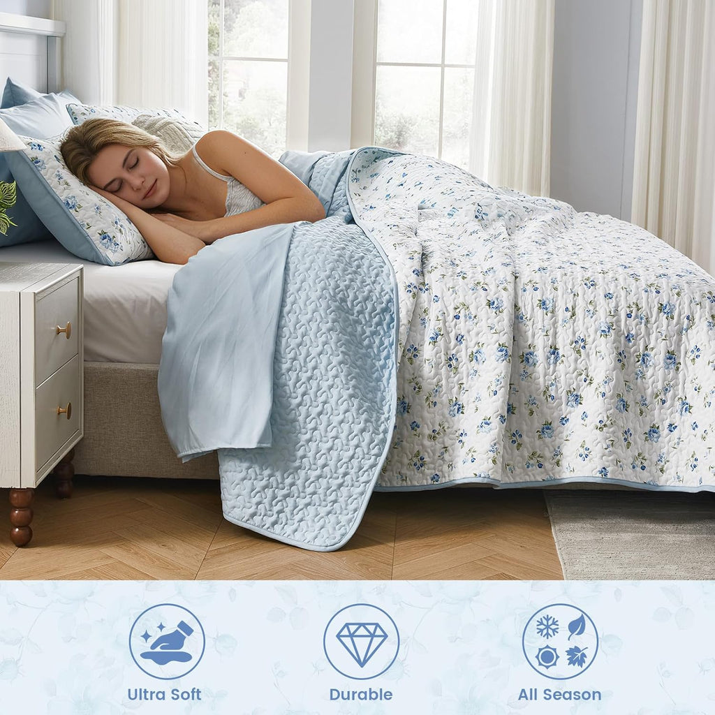 Oversized King Quilt Set 128x120 Blue Floral Extra Wide Super King Quilted Bedspread Coverlet 3-Piece Garden Style