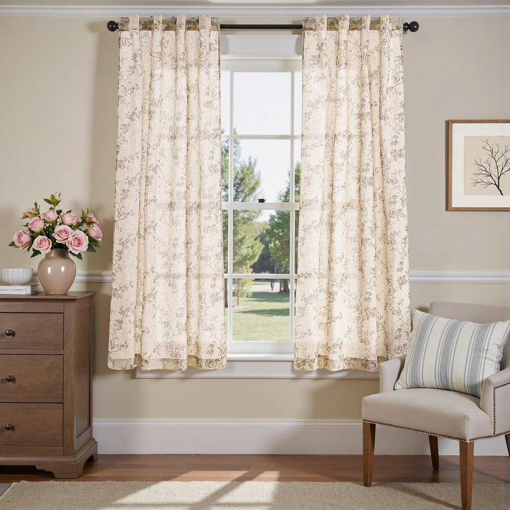 Floral Linen Curtains Taupe Flower Curtain Rod Pocket Back Tab Farmhouse Curtains with Printed Floral