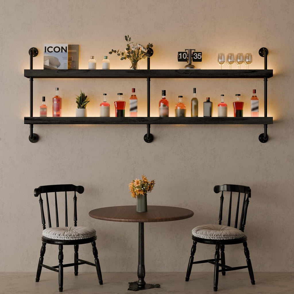 Bar Shelves, Wall Mounted Wine Rack, Black, 60 Inch | 2 Tier, Industrial, Solid pine shelves, black pipe brackets, 70