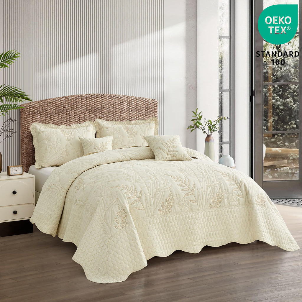 Bedspread oversized, King 120x118, Beautiful Leaf Stitching, 5 PC, Ivory