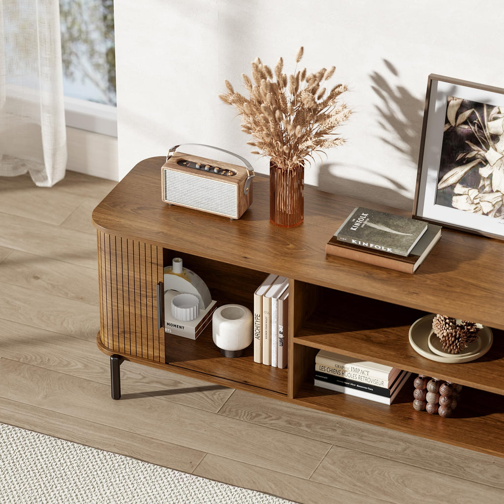 70" Mid-Century Fluted TV Stand with Storage up to 80 Inch, Walnut