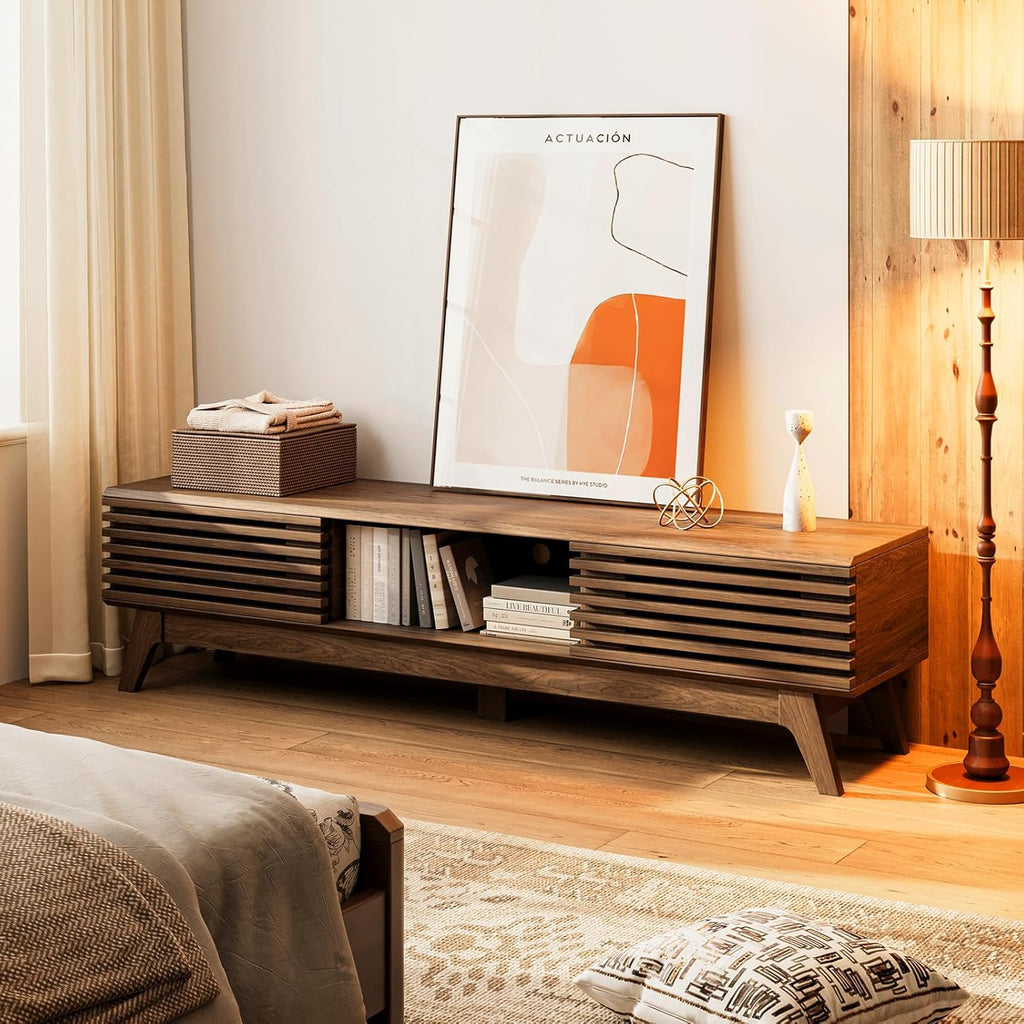 70.8" TV Stand for 55"/65"/75" TVs, Mid-Century Modern Fluted Entertainment Center with Sliding Doors, Storage