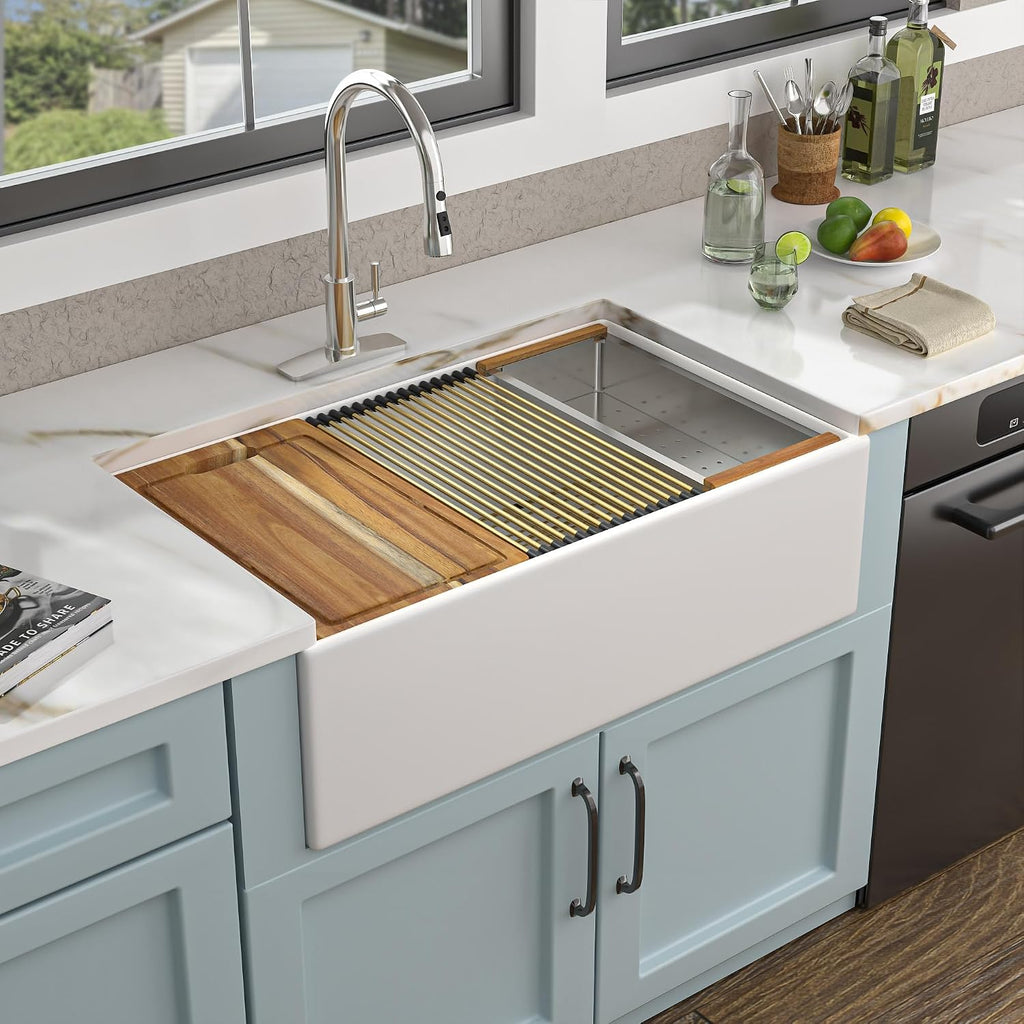 30 White Farm Sink Workstation - 30 Inch Farmhouse Kitchen Sink Workstation with Slide Ledge Apron Front Reversible