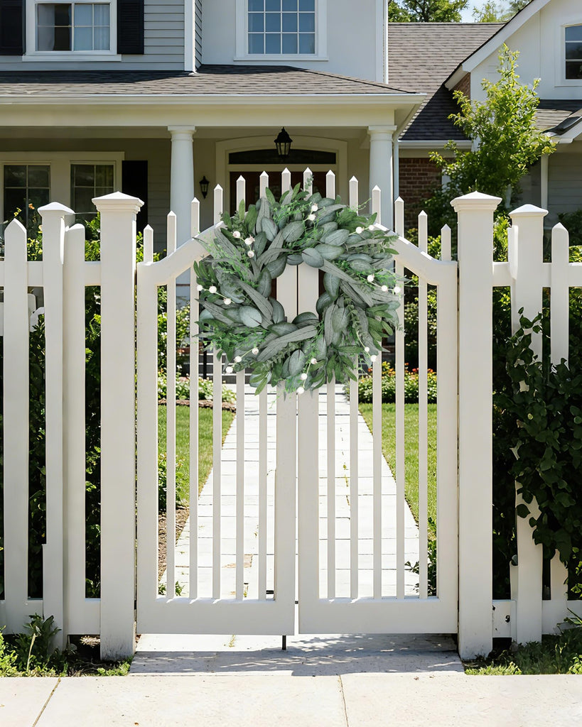 24 Inch Summer Wreath for Front Door, Artificial Outdoor Eucalyptus Wreath, Spring Green Wreaths for Front Door