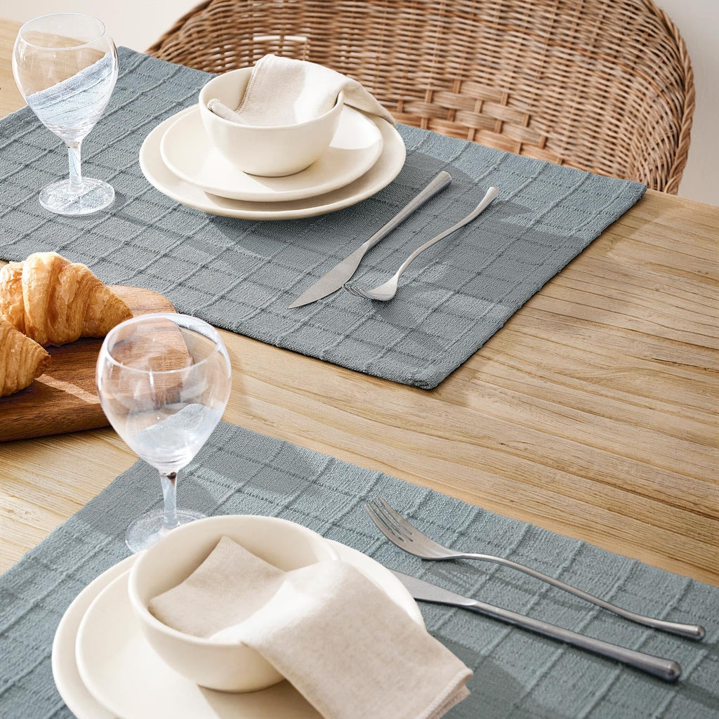 Artisanal Grid Decorative Linen Placemats Set of 6, Chambray