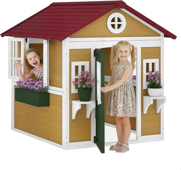 Outdoor Kids Playhouse with Dutch Door for Toddlers 3-8, Beige | Wooden, Windows, Flower Holders and Boxes, Cottage