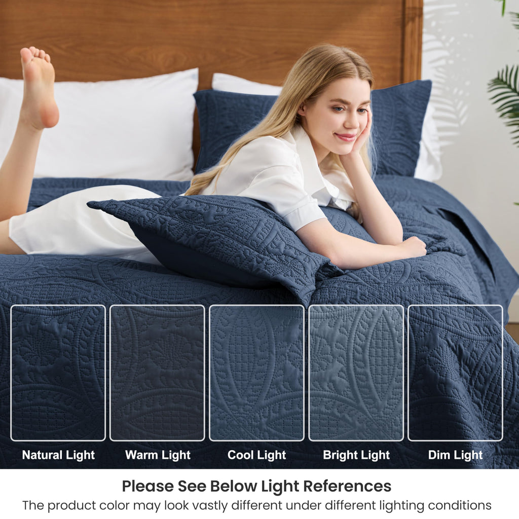 Oversized King Size Quilt Bedding Set Navy Bedspreads - Oversized King Lightweight Bedspread Comforter - Coin Pattern
