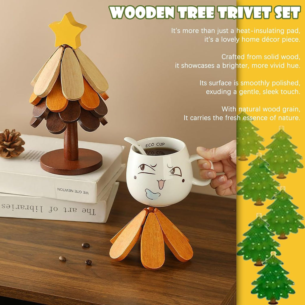 Wooden Christmas Tree Trivet + Stand - Set of 5