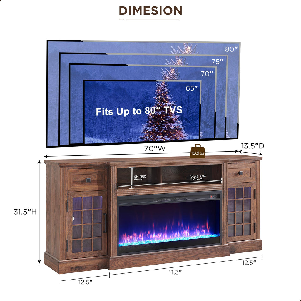 Farmhouse Fireplace TV Stand for 80Inch TV with Crystal Fireplace, Brown