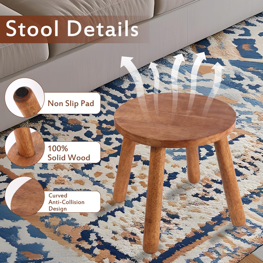 Round Solid Wooden Stool, Plant Stand, Step Stool, Walnut, 11.8" H