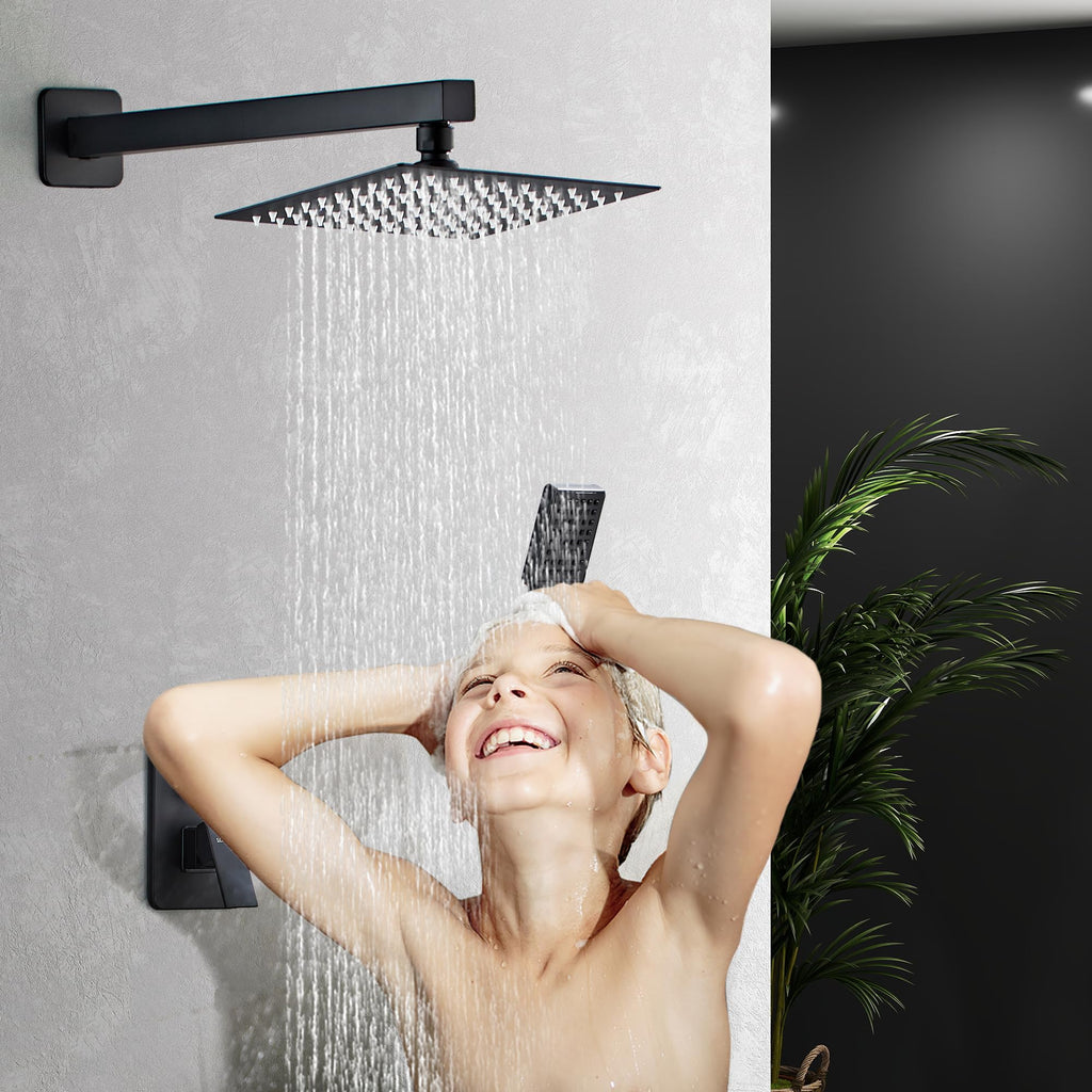 Shower Head Matte Black, Shower Faucet Set Bathroom Shower System with 8 inch Square Rain Shower Head Wall Mounted