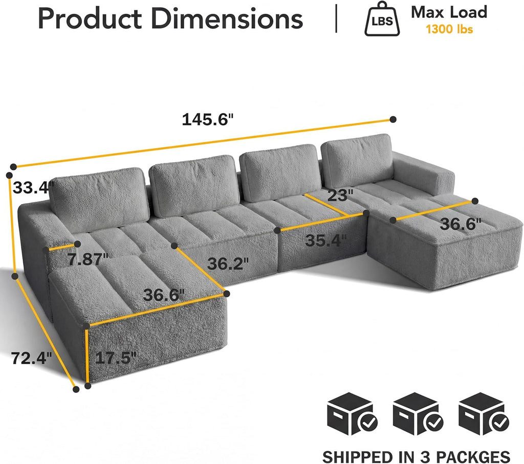 145" U Shaped Modular Sectional Sofa with Ottoman, Boneless Comfy Couch with Layered Cushion