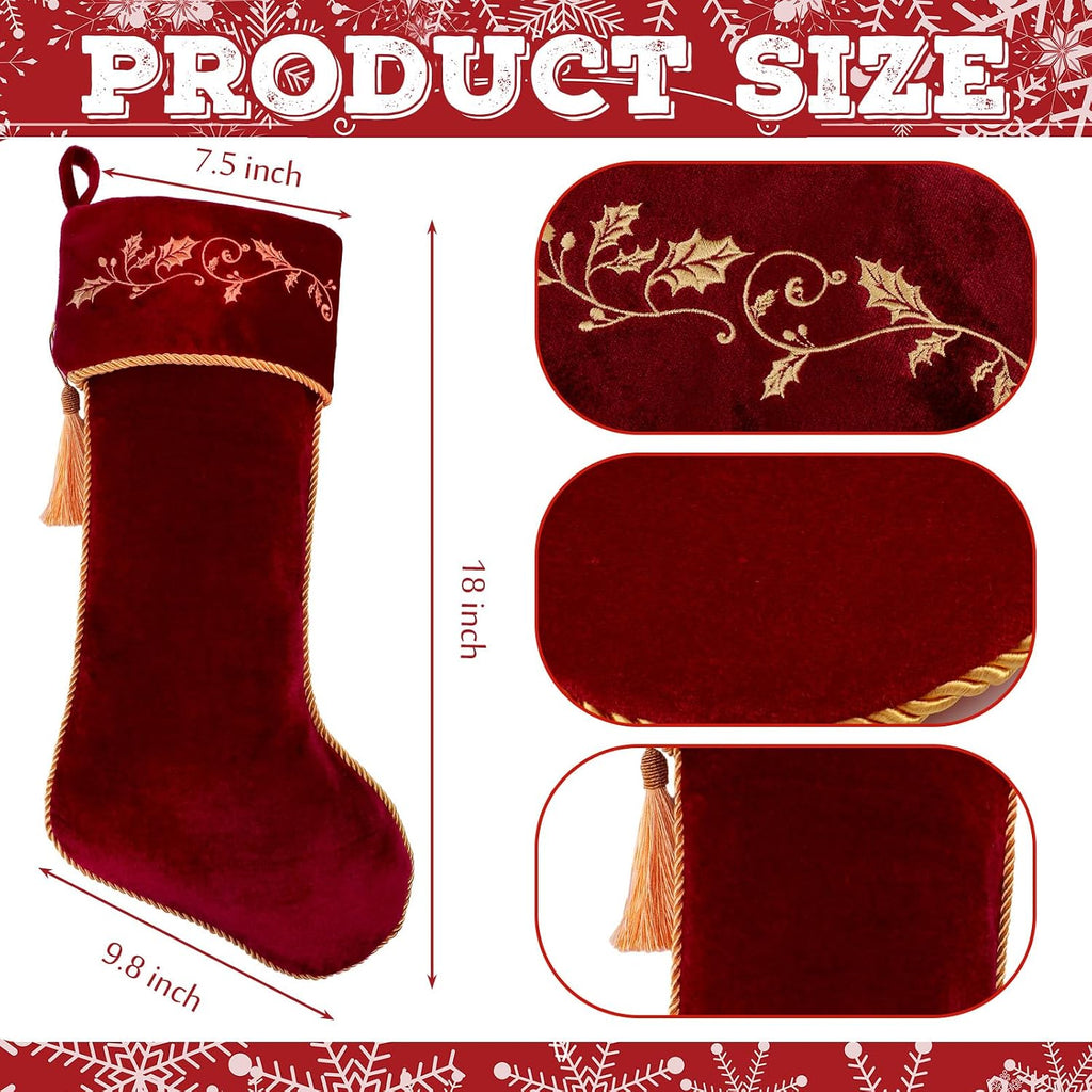 4 Pcs 18 Inch Burgundy Luxury Velvet Christmas Stockings Holly Embroidered Christmas Stocking Stockings with Gold