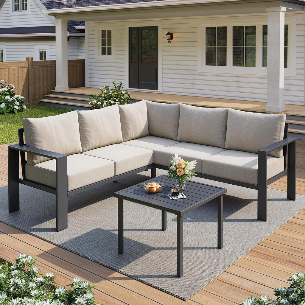 6-Piece L Shaped Outdoor Sectional Sofa, 6" Thick Cushion | Olefin Fabric Fade Resistant, Wide Armrest & Coffee
