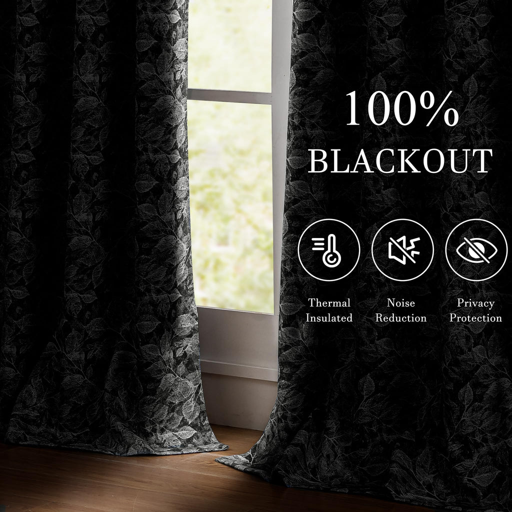 100% Black Blackout Floral Curtains 96 Inches Long 2 Panels